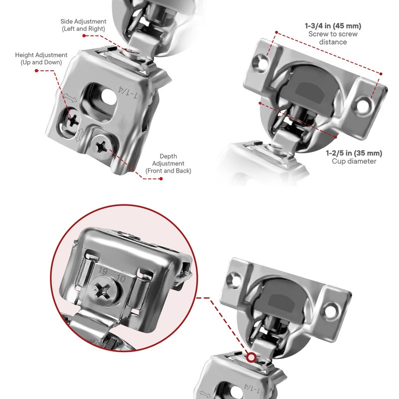 Berta 60-Pack, 1-1/4 inch Overlay Soft Closing Face Frame Cabinet Hinges, 105 Degree 6-Ways 3-Cam Adjustment Concealed Kitchen Cabinet Door Hinges with Screws (1-1/4 in. Overlay, 60 Pieces) - Image 3